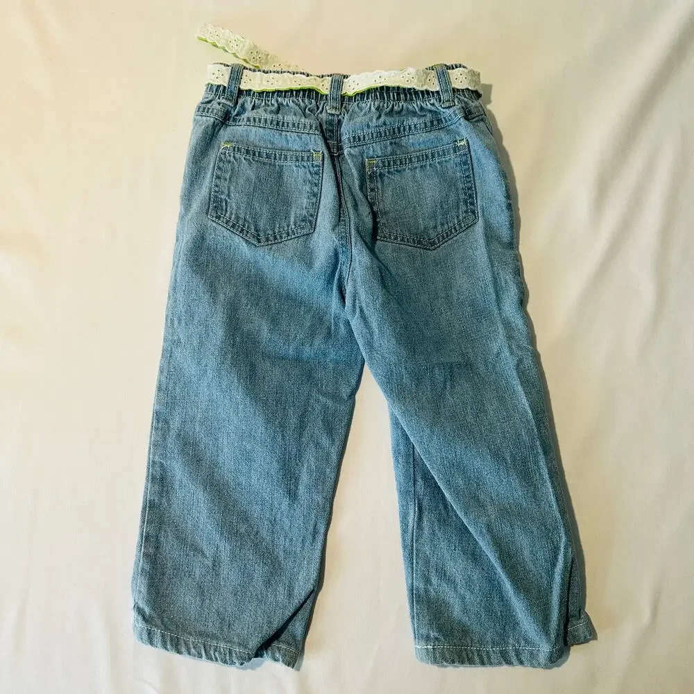 Vintage 2000s Y2K Kids Headquarters Green Flower Patchwork Jeans w/ Belt Sz 5
